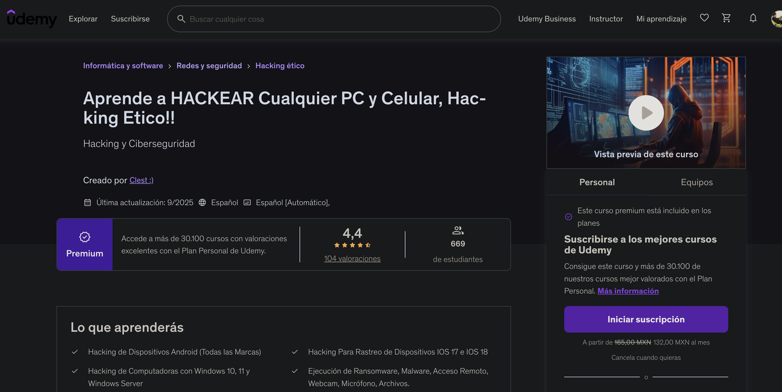 Curso de hacking ético en Udemy